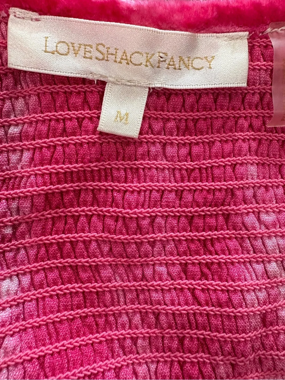 LoveShackFancy Evan Pink Grenadine Crushed Velvet Smocked Mini Dress Size M NWOT